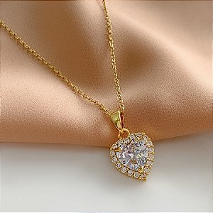 COLAR PINGENTE CORAÇÃO PEDRA ZIRCÔNIA COLOR DOURADO AÇO 316L⭐️