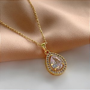 COLAR PINGENTE GOTA PEDRA ZIRCÔNIA COLOR DOURADO AÇO 316L⭐️