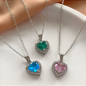 COLAR PINGENTE CORAÇÃO PEDRA ZIRCÔNIA COLOR AÇO 316L⭐️