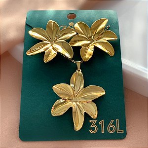 CONJUNTO BRINCO E COLAR FLORES HIBISCO DOURADO AÇO 316L⭐️