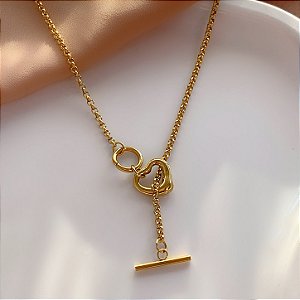 COLAR ELO PORTUGUÊS ESTILO GRAVATINHA CORAÇÃO DOURADO AÇO 316L⭐️
