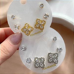 KIT DE BRINCOS FLOR E ZIRCÔNIAS QUADRADAS FOLHEADO ⭐️