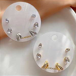 KIT DE BRINCOS MEIA ARGOLA E GOTAS ZIRCÔNIAS FOLHEADO ⭐️
