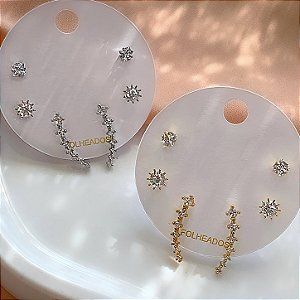 KIT DE BRINCOS EAR CUFF E ZIRCÔNIAS FOLHEADO ⭐️