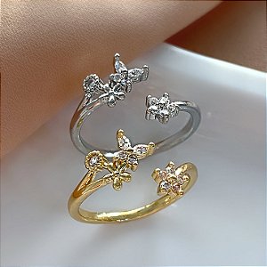 ANEL REGULÁVEL BORBOLETA E FLOR ZIRCÔNIAS FOLHEADO ⭐️