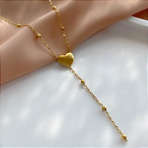 COLAR CORRENTE BOLINHAS CORAÇÃO LISO DOURADO AÇO 316L⭐️