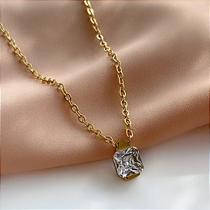 COLAR PEDRA QUADRADA ZIRCÔNIA DOURADO AÇO 316L⭐️