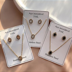 CONJUNTO BRINCO E COLAR OVAL ZIRCÔNIA COLOR DOURADO AÇO 316L⭐️(GRUPO 1)