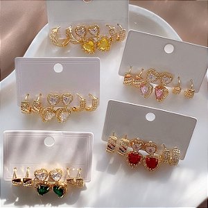 BRINCO KIT ARGOLAS E CORAÇÃO PENDENTE EM ZIRCÔNIAS DOURADO BIJU