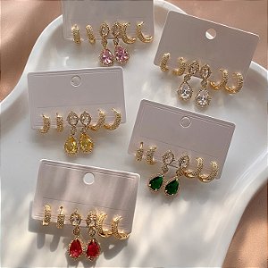 BRINCO KIT ARGOLAS E GOTAS PENDENTE EM ZIRCÔNIAS DOURADO BIJU