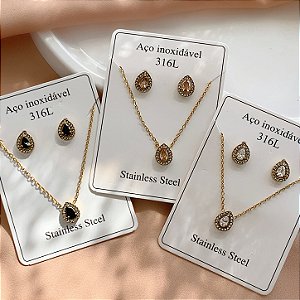 CONJUNTO BRINCO E COLAR PINGENTE GOTA ZIRCÔNIA COLOR DOURADO AÇO 316L⭐️(GRUPO 1)