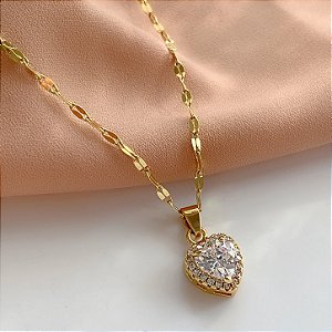 COLAR LONGO PINGENTE CORAÇÃO PEDRA ZIRCÔNIA DOURADO AÇO 316L⭐️