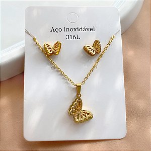 COLAR E BRINCO BORBOLETA RECORTES DUPLO TEXTURIZADO DOURADO AÇO 316L⭐️