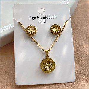 COLAR E BRINCO FLOR MARGARIDA DUPLO TEXTURIZADO DOURADO AÇO 316L⭐️