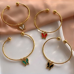 PULSEIRA/BRACELETE PINGENTE BORBOLETA ESMALTADO DOURADO AÇO 316L⭐️