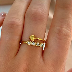 ANEL REGULÁVEL CORAÇÃO E ZIRCÔNIAS DOURADO AÇO 316L ⭐️