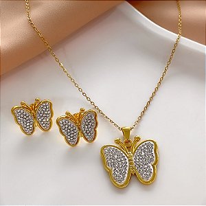 CONJUNTO COLAR E BRINCO BORBOLETA MINI ZIRCÔNIAS DOURADO AÇO 316L⭐️