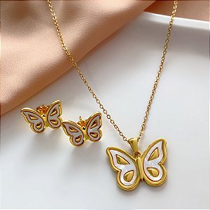 CONJUNTO COLAR E BRINCO BORBOLETA MADREPÉROLA DOURADO AÇO 316L⭐️