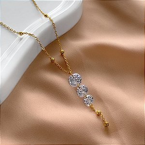 COLAR CORRENTE BOLINHAS CASCATA ZIRCÔNIAS DOURADO AÇO 316L⭐️