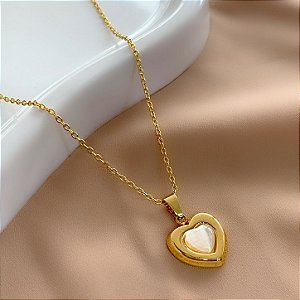 COLAR CORAÇÃO PEDRA OLHO DE GATO DOURADO ZIRCÔNIAS AÇO 316L⭐️