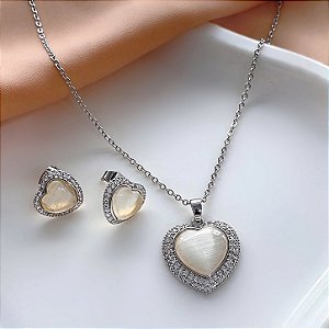 CONJUNTO BRINCO E COLAR CORAÇÃO PEDRA OLHO DE GATO BORDA ZIRCÔNIAS AÇO 316L⭐️