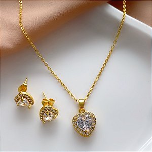 CONJUNTO BRINCO E COLAR CORAÇÃO PEDRA ZIRCÔNIAS DOURADO AÇO 316L⭐️