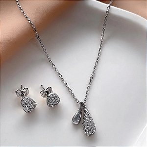 CONJUNTO BRINCO E COLAR GOTINHAS CRAVEJADAS ZIRCÔNIAS AÇO 316L⭐️