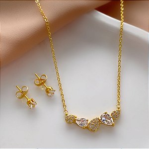 CONJUNTO BRINCOS E COLAR GOTAS E MINI ZIRCÔNIAS DOURADO AÇO 316L⭐️