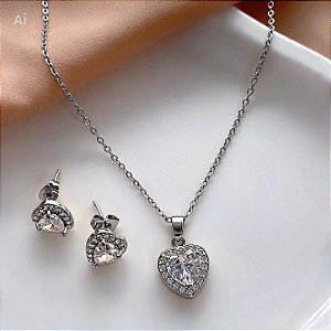 CONJUNTO BRINCO E COLAR CORAÇÃO PEDRA ZIRCÔNIAS AÇO 316L⭐️