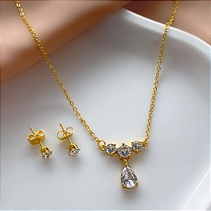 CONJUNTO BRINCO E COLAR PEDRAS E GOTA ZIRCÔNIAS AÇO 316L⭐️