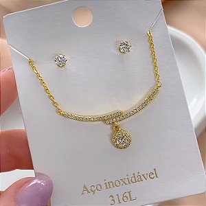 CONJUNTO BRINCO E COLAR ARO MINI ZIRCÔNIAS PONTO DE LUZ DOURADO AÇO 316L⭐️