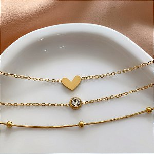 KIT 3 PULSEIRAS PINGENTE CORAÇÃO PONTO DE LUZ E BOLINHAS DOURADO AÇO 316L⭐️