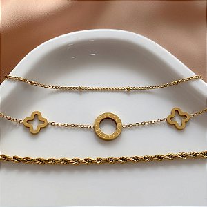 KIT 3 PULSEIRAS PINGENTE TREVO CORDÃO BAIANO E BOLINHAS DOURADO AÇO 316L⭐️