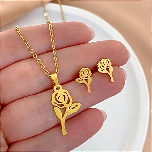 CONJUNTO BRINCO E COLAR ROSAS DOURADO AÇO 316L⭐️