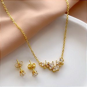 CONJUNTO BRINCOS E COLAR BORBOLETINHAS MINI ZIRCÔNIAS DOURADO AÇO 316L⭐️