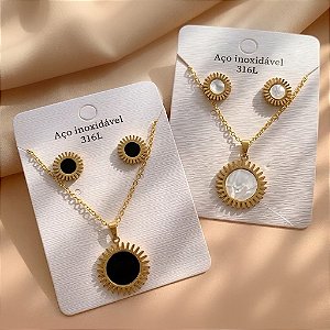 CONJUNTO COLAR E BRINCO SOLAR MADREPÉROLA COLOR DOURADO AÇO 316L⭐️