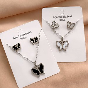 CONJUNTO COLAR E BRINCO BORBOLETA MADREPÉROLA COLOR AÇO 316L⭐️