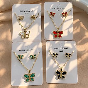 CONJUNTO COLAR E BRINCO BORBOLETA ESMALTADA COLOR DOURADO AÇO 316L⭐️