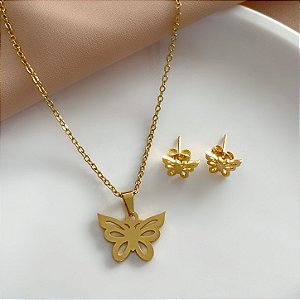 CONJUNTO BRINCO E COLAR BORBOLETA VAZADA FINA DOURADO AÇO 316L