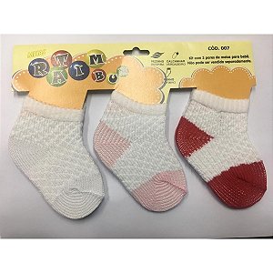 Kit 3 pares de meias Ratimbum - Rosa, branca e vermelha 