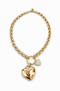 Colar Coração Elo Português Liso e Cravejado