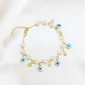 Pulseira olho grego e pérolas - Dourada!