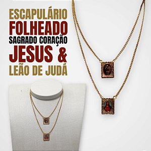Escapulário Folheado Sagrado Coração Jesus e Leão de Judá