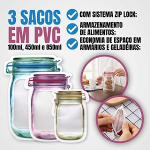 Kit 3 Sacos Ziplock Alimento Freezer Temperos Hermético Pvc