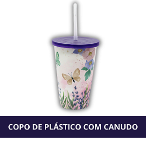 Copo de Plástico com Canudo Estampa de Borboletas