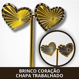 Brinco Coração Chapa Trabalhado - Prata e Dourado