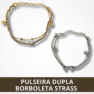 Pulseira Dupla de Borboleta - Dourado e Prata