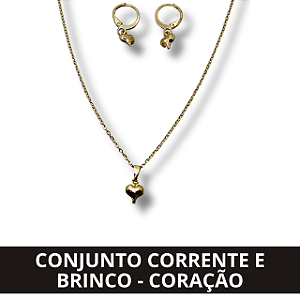 Conjunto Corrente e Brinco - Coração Dourado