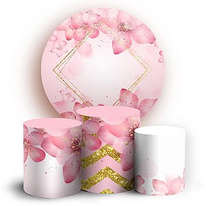 KIT Redondo e Trio - Flores Rosa - Sublimado 3D