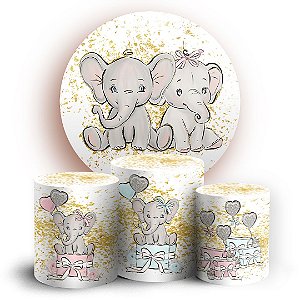 KIT Redondo e Trio - Elefantinhos (Chá Revelação) - Sublimado 3D